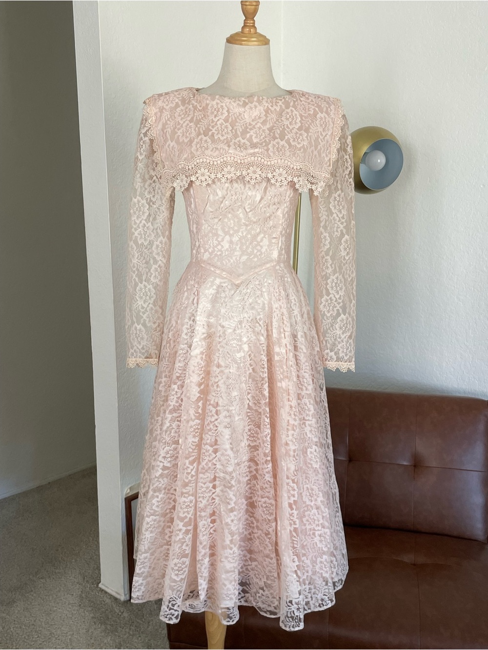 Vintage 1980s Gunne Sax Prairie Victorian Edwardian Lace Bib Midi Dress